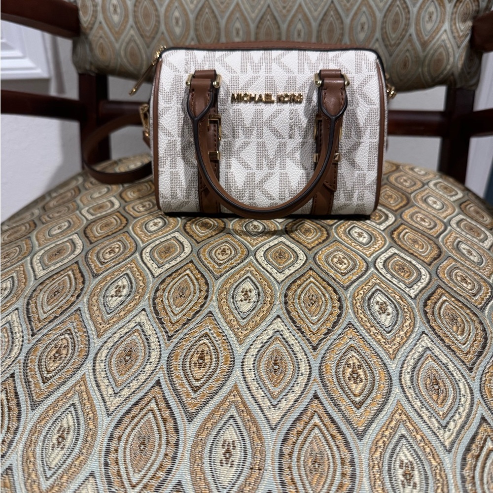 MICHAEL KORS Cream Signature Mini Satchel with Brown Trim